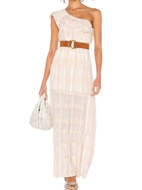 Tularosa One-Shoulder Ruffle Maxi in Cream and Beige Plaid